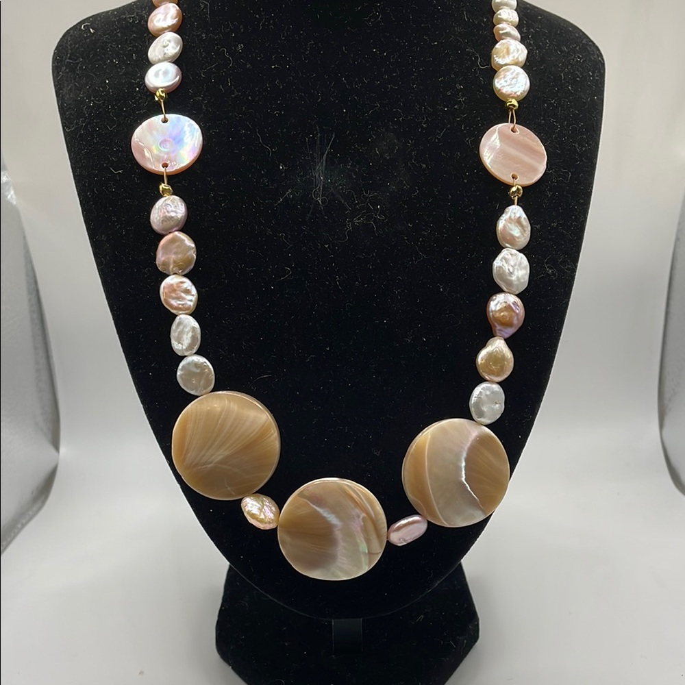 Cream and Pink Baroque Pearl Necklace with Shell Beads in 14k